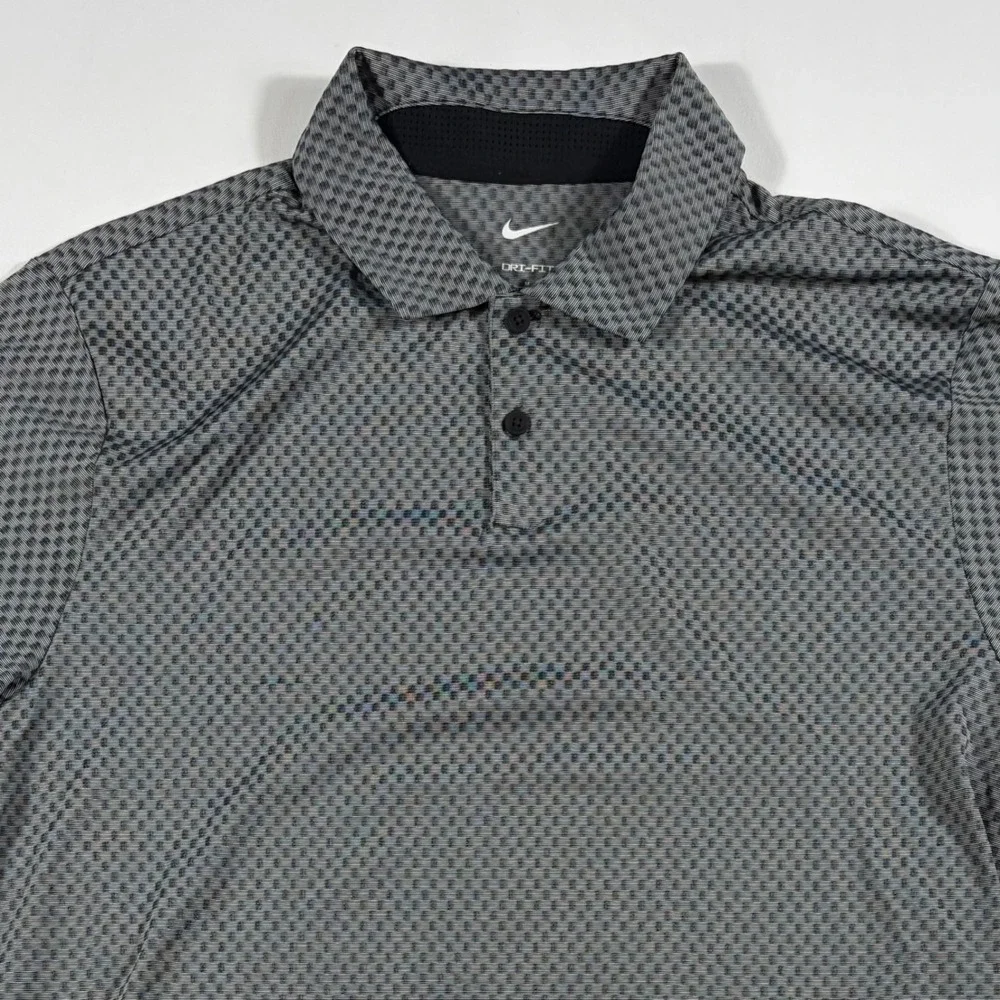 Nike Polo Shirt Mens Medium Dri-FIT Micro Check Performance Gray Black